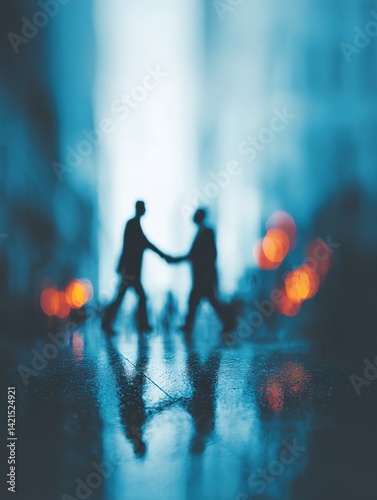 Two silhouetted figures shaking hands in a blurred abstract blue and orange setting.