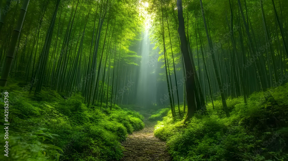 Obraz premium Serene bamboo forest path bathed in sunlight, lush green foliage, peaceful nature scene.