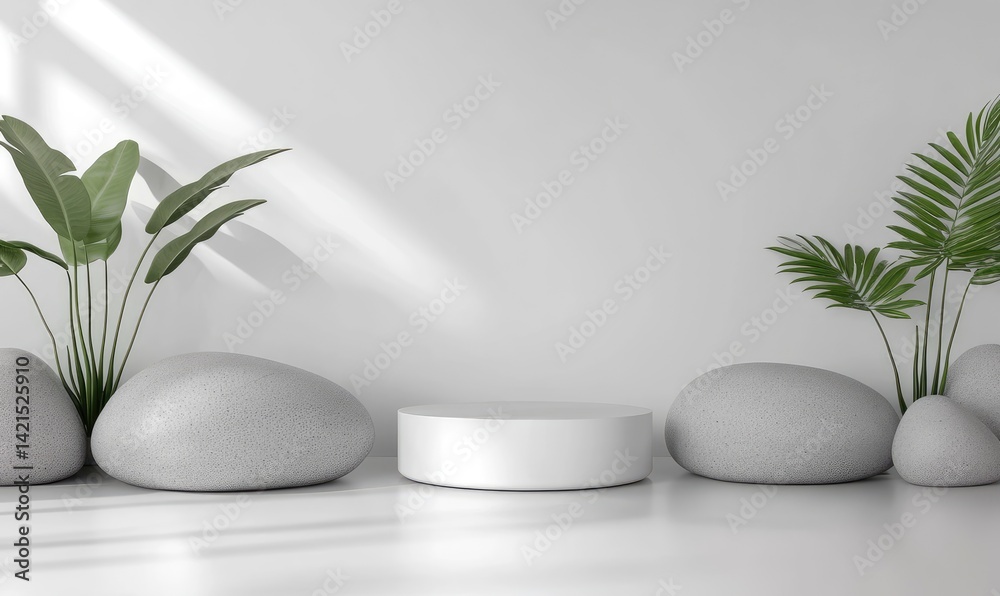 Minimalist product display with stones and plants Minimalist product display with stones and plants