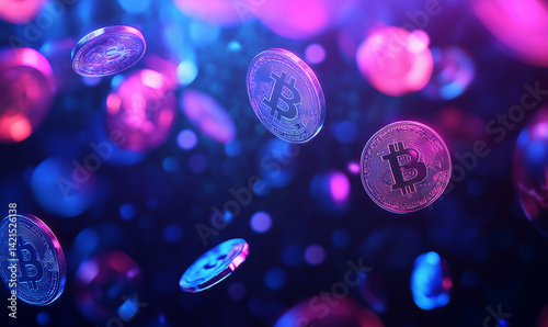 Falling bitcoins with blue and pink neon light on dark background.
