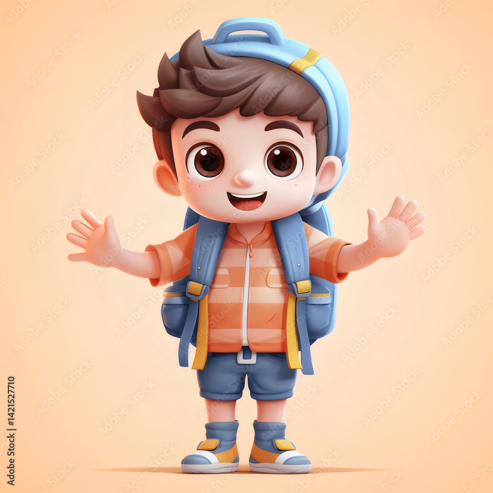 笑顔の男の子がバックパックを背負いオレンジと青の服を着て笑顔で立っている明るい背景 笑顔の男の子がバックパックを背負いオレンジと青の服を着て笑顔で立っている明るい背景