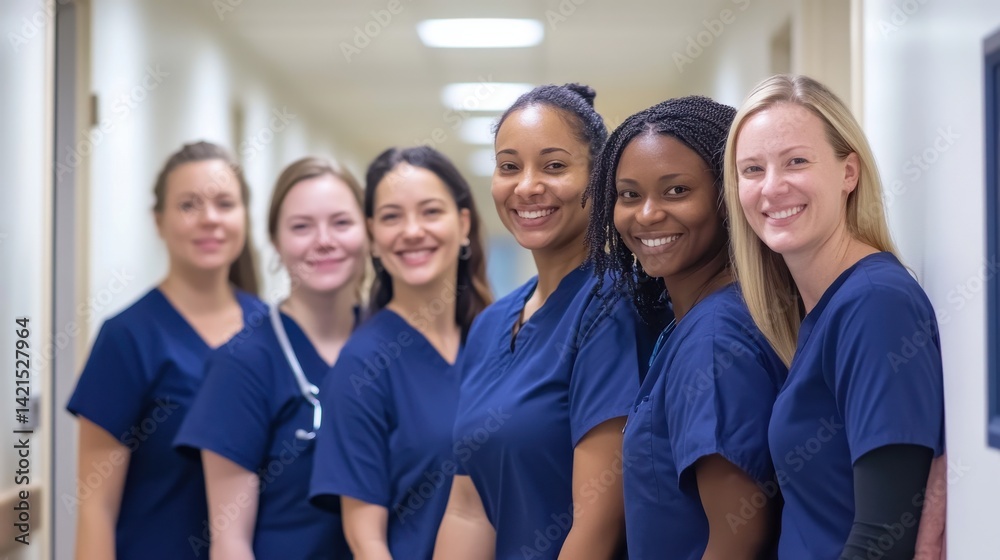 Diverse Group of Healthcare Professionals Smiling in Hospital Hallway Diverse Group of Healthcare Professionals Smiling in Hospital Hallway