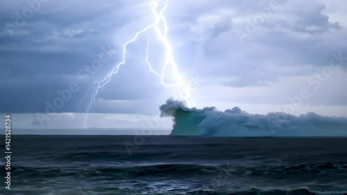Storm clouds gather over the sea, where waves crash on the coast under a dramatic sky with hints of light