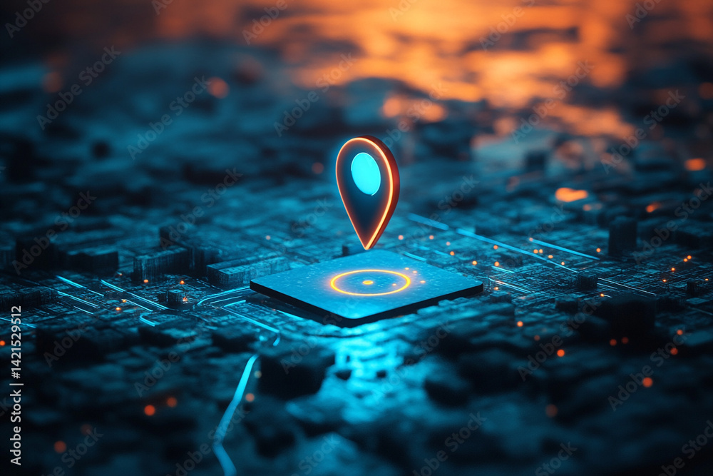 Obraz premium Glowing location pin on a digital circuit board futuristic technology concept