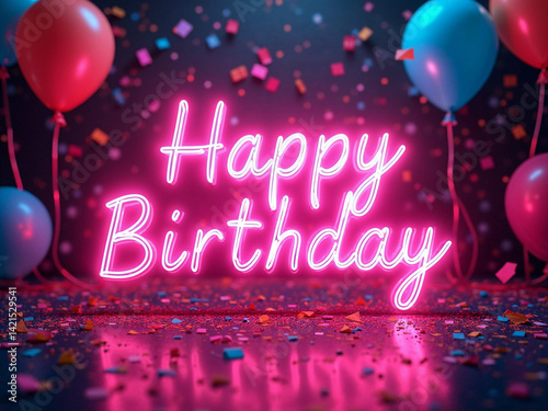 Vibrant Neon 'Happy Birthday' Greeting with Colorful Balloons and Confetti