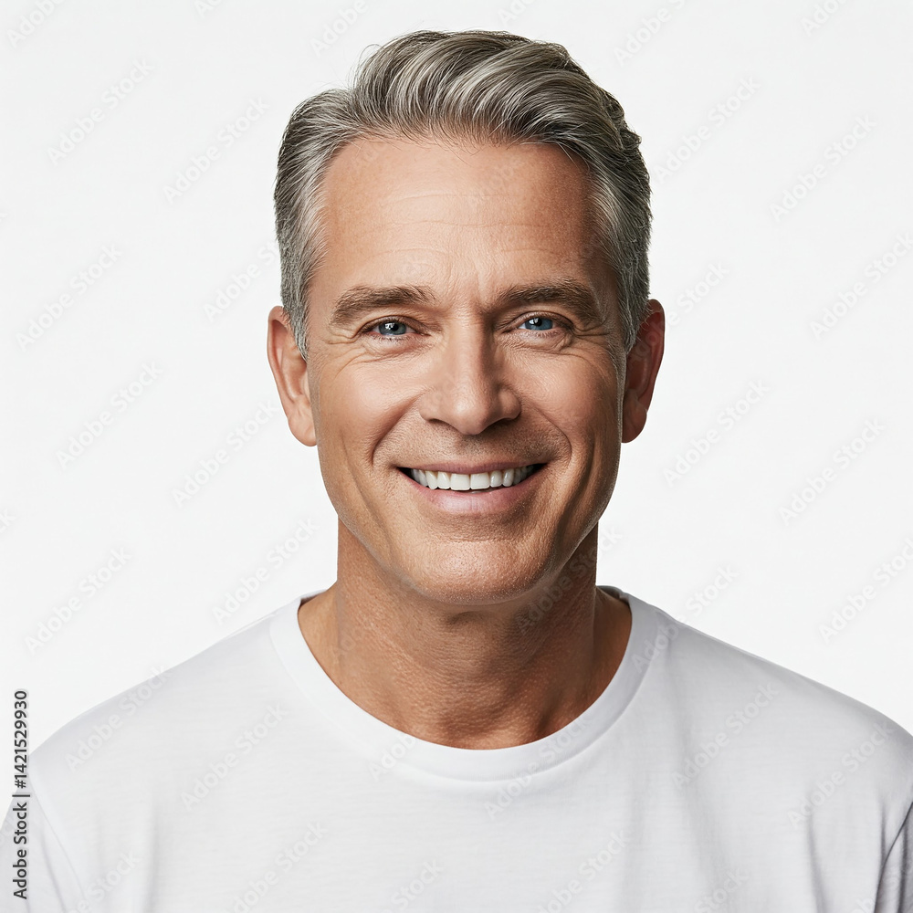 Fototapeta premium portrait of a smiling man. Portrait of a happy mature man in white t-shirt, male model smiling isolated on white background.