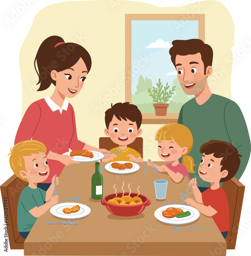 a happy family of five enjoying dinner together