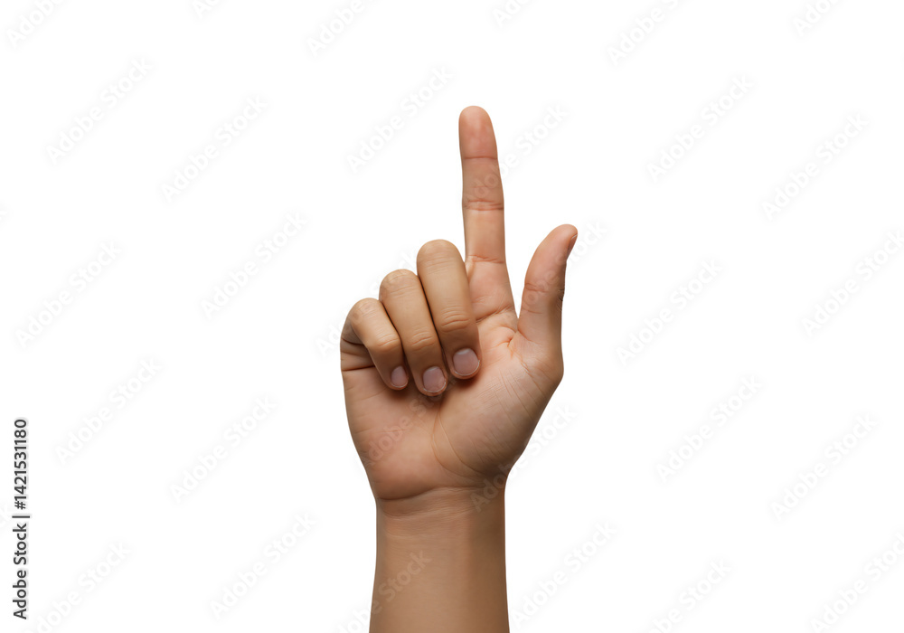 Close-up of a hand with index finger pointing up, gesture isolated on white background, communication and direction concept.

