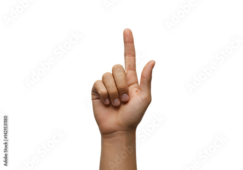 Close-up of a hand with index finger pointing up, gesture isolated on white background, communication and direction concept.

