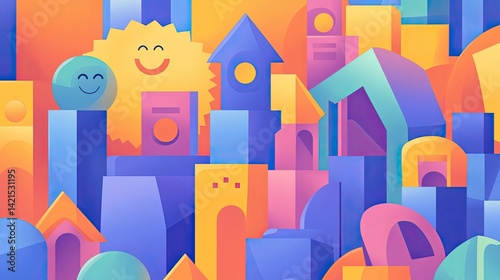 Joyful Abstract Cityscape of Colorful Geometric Buildings and Happy Emojis