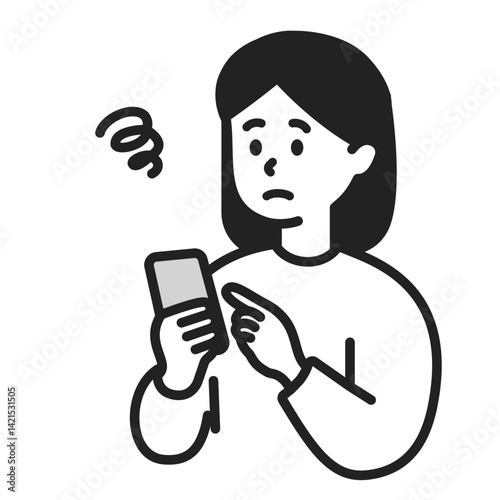 スマートフォンの操作に困る若い女性のシンプルなベクターイラスト素材