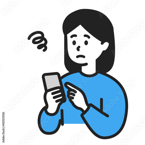 スマートフォンの操作に困る若い女性のシンプルなベクターイラスト素材