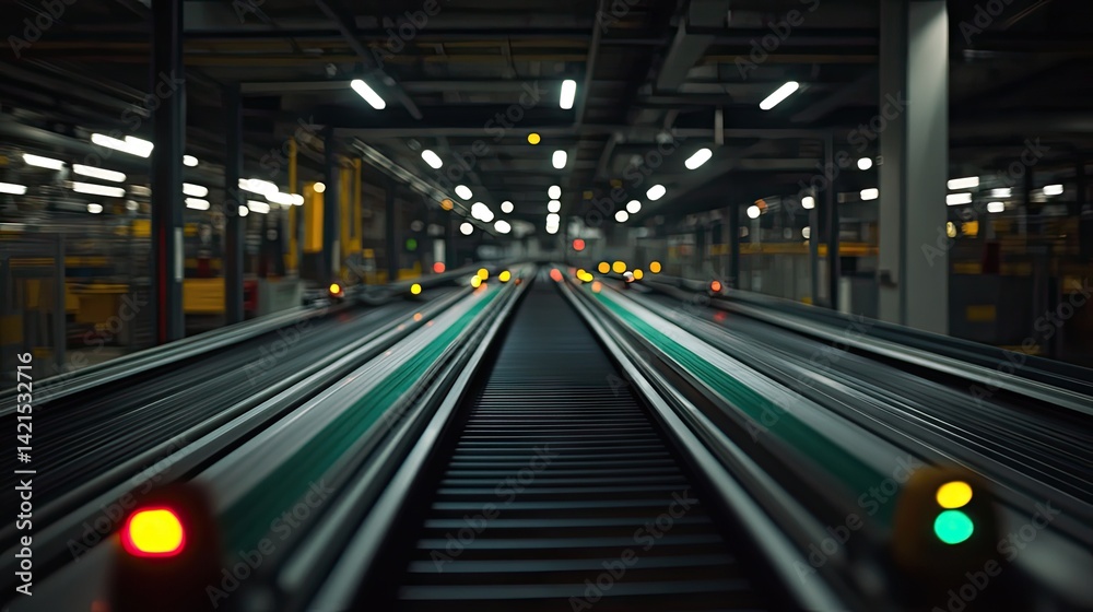 Overview of manufacturing belts with warning lights on idle status Overview of manufacturing belts with warning lights on idle status