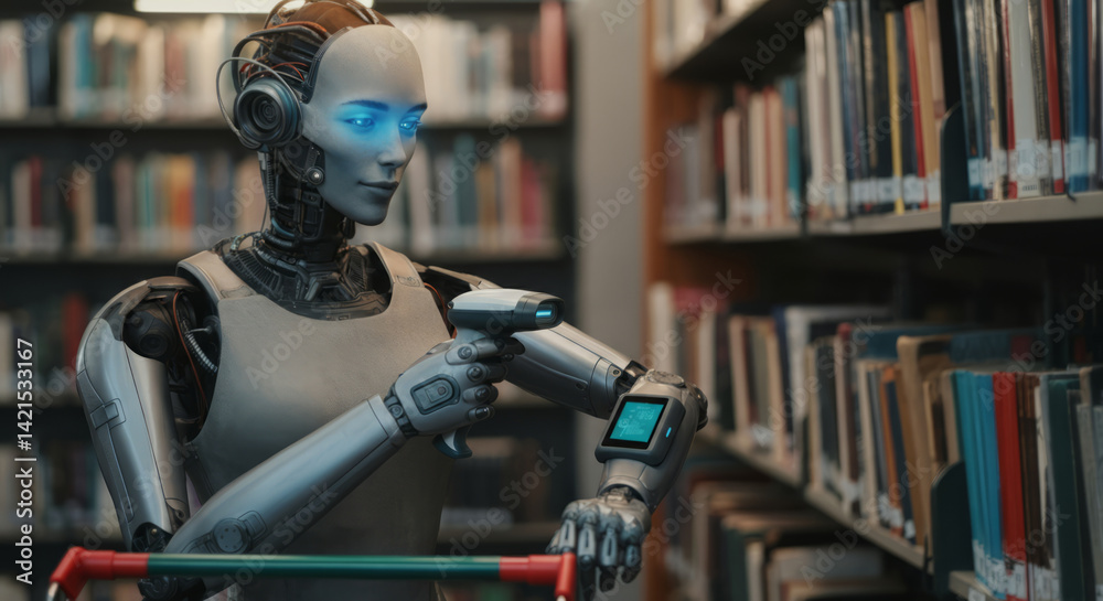 Humanoid robot assisting in library with barcode scanner Humanoid robot assisting in library with barcode scanner