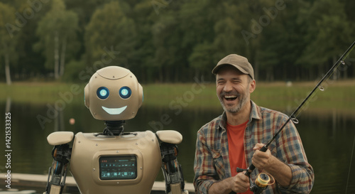 Caucasian adult male fishing with smiling robot by lakeside forest