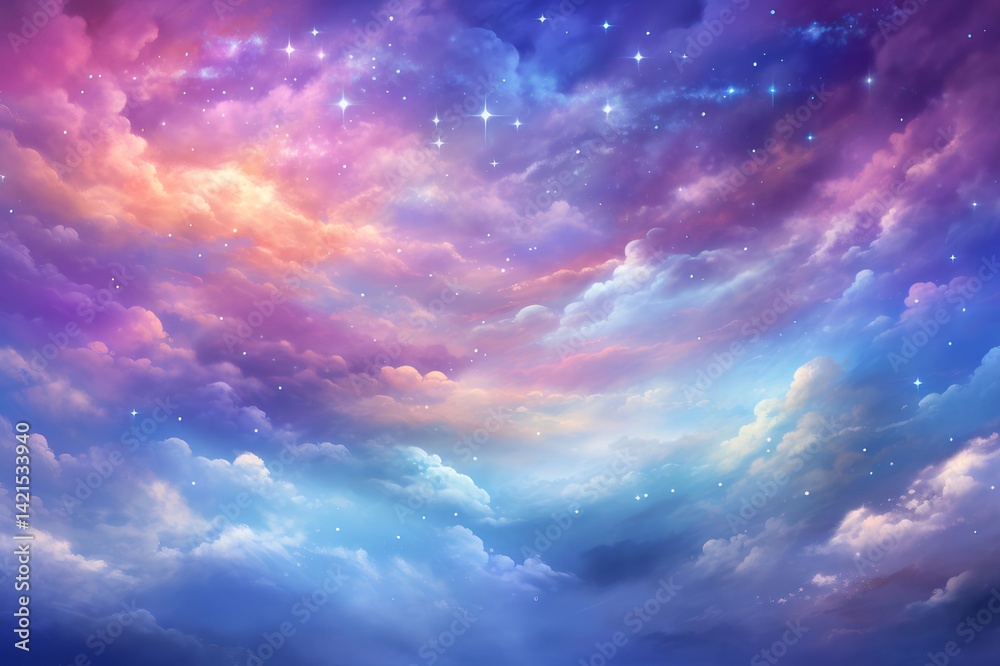 幻想的な空と雲 星の輝きと鮮やかなグラデーションカラー 青紫ピンクオレンジの風景 幻想的な空と雲 星の輝きと鮮やかなグラデーションカラー 青紫ピンクオレンジの風景