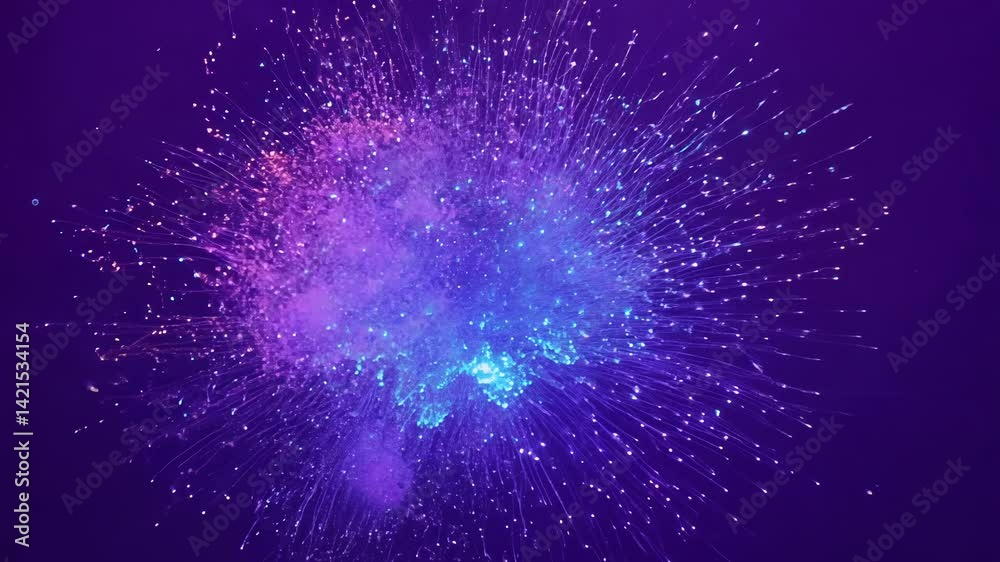 Zoom out video of a cascade of organic, glowing particles, bioluminescent spores, explosion, isolated on a uniquely blurred, twilight purple background