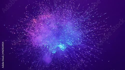 Zoom out video of a cascade of organic, glowing particles, bioluminescent spores, explosion, isolated on a uniquely blurred, twilight purple background