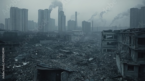 Wide shot of industrial district with haze of inactivity post economic peak