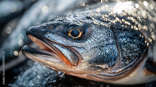 Freshly caught striped bass head close-up, glistening scales, outdoor setting, seafood market background