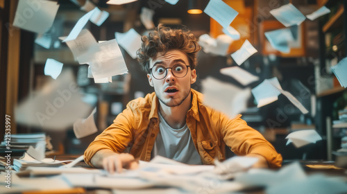 A stressed man struggles as he drowns in a massive pile of documents, overwhelmed by paperwork and deadlines. The concept of workplace stress, bureaucracy, and information overload. Generative AI.