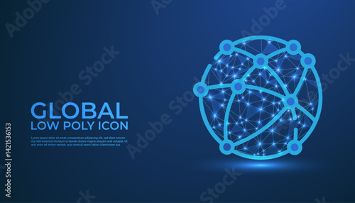 Low poly global icon on dark blue gradient background. Abstract polygonal globe symbol for worldwide connectivity, international networks, and digital communication.