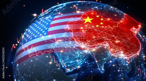 Digital representation of the globe overlaid with the flags of the USA and China and interconnected network lines, for illustrating complex international relations and articles on the global economy