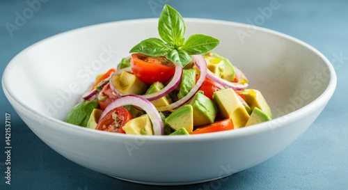 Fresh avocado salad with cherry tomatoes, red onion, and basil in white bowl