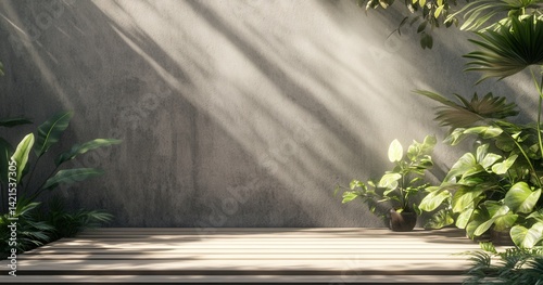 Empty wooden platform bathed in sunlight, surrounded by lush greenery against a gray concrete wall