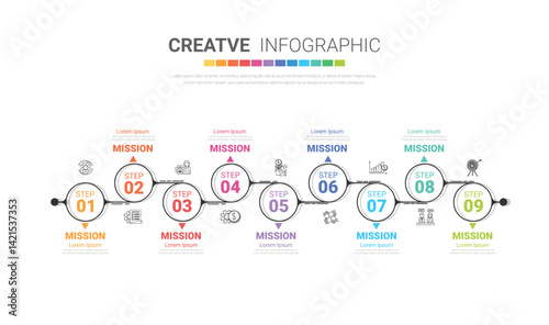 Presentation business infographic template, Abstract infographics number options template with 9 steps.