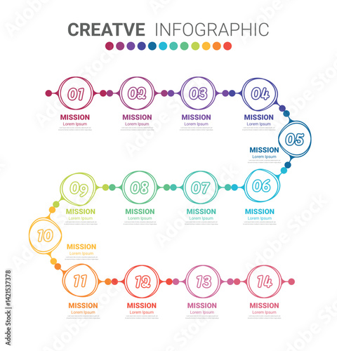 Timeline Infographics Template, Vector infographics timeline design template with 14 label, Vector. can be used for workflow layout, diagram, number step up options. Vector illustration.