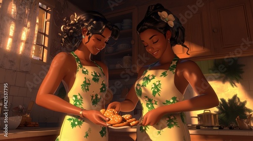 Joyful Sisters Baking Cookies in a Cozy Kitchen Setting