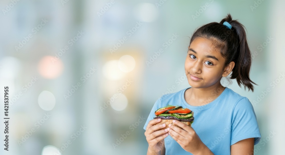 Naklejka premium Asian young female enjoying a healthy sandwich with vegetables in a casual setting