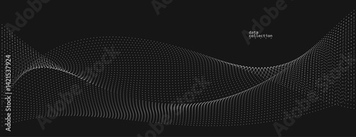 Grey abstract background, vector wave of flowing particles over black, curvy lines of dots in motion, technology and science theme, airy and ease futuristic illustration.