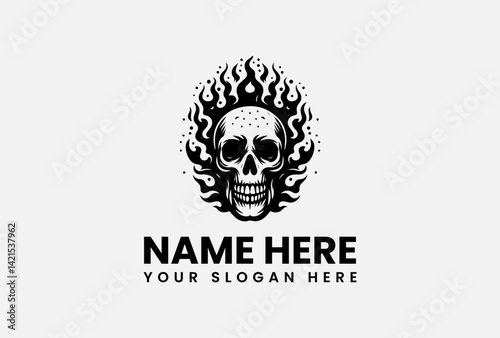 Fire skull vector logo template, flaming skull illustration with bold and intense graphic design