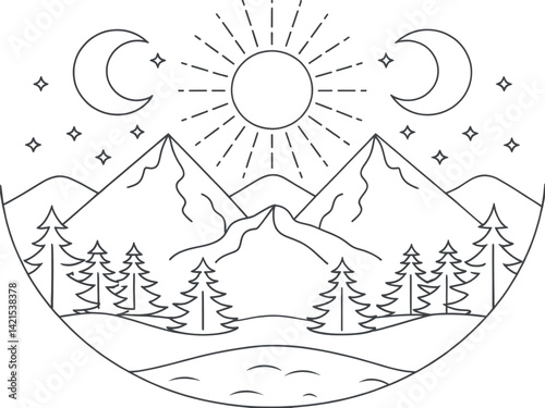 A simple, elegant line drawing of a serene mountain landscape, featuring a sun, moon, and stars, suitable for backgrounds, wall art, or prints.