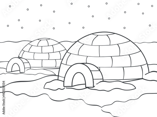 A simple black and white illustration of two igloos on a snowy landscape.