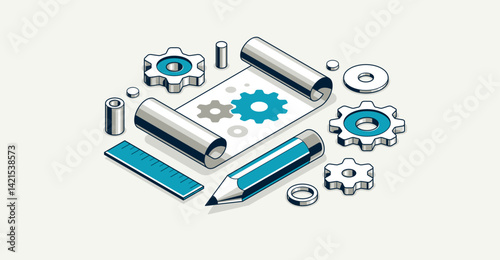 Mechanical engineering project concept, engine draft plan drawing, technical scheme blueprint, paper sheet with gears 3D isometric vector illustration, repair tutorial.