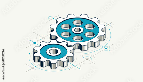 Invention renovation and development concept, gears and cogs with cad engineering drawing isometric 3D vector illustration, technology theme, machinery and engine creation.