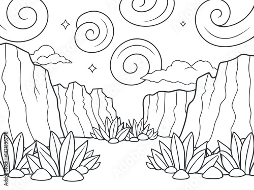 Black and white coloring page of a desert landscape with stylized mountains and clouds.