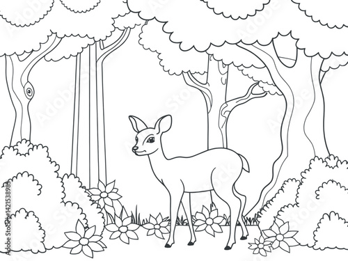 A charming black and white illustration of a deer in a serene forest setting.
