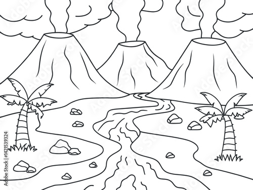 Black and white coloring page of a volcanic landscape with palm trees.