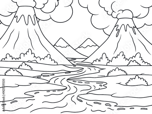 Black and white coloring page of a volcanic landscape