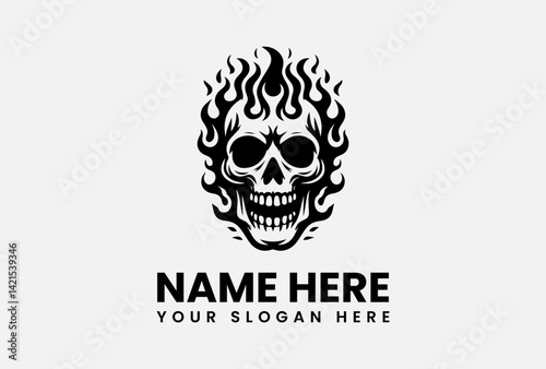 Fire skull vector logo template, flaming skull illustration with bold and intense graphic design