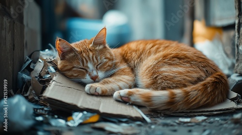 A peaceful ginger cat finds solace resting on cardboard amid urban elements photo