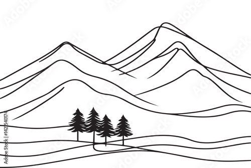 Peaceful mountain landscape with evergreen trees line art drawing