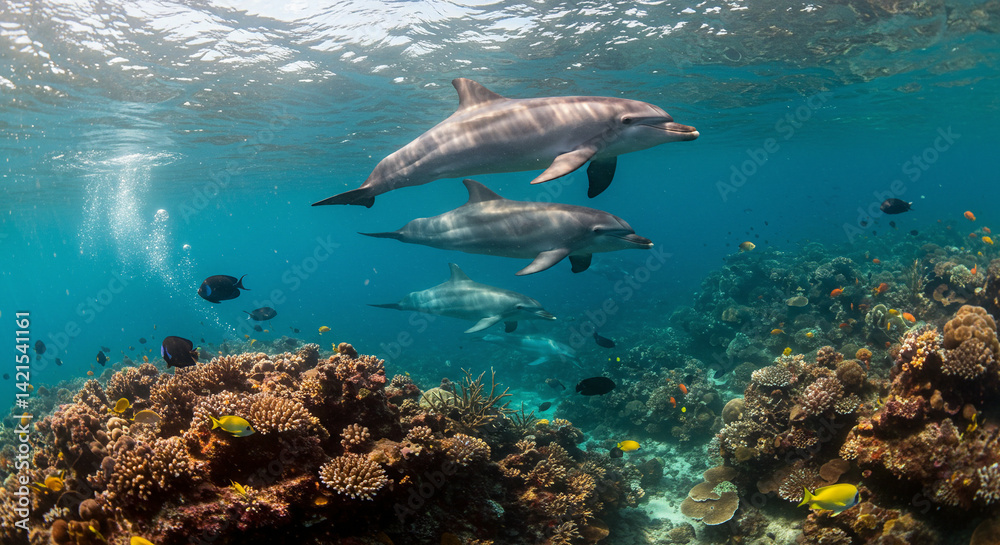 Obraz premium Dolphins Swimming Together in Tropical Coral Reef Underwater Scene