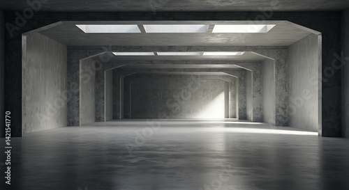 Empty warehouse room with concrete walls and floor.