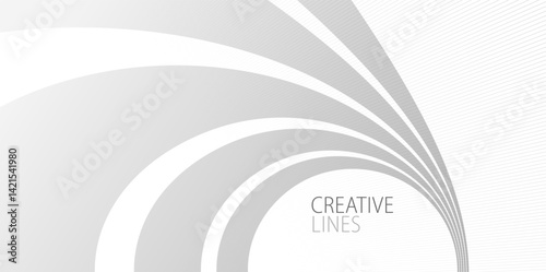 Lines in perspective vector abstract background in light grey and white monochrome, 3D dimensional stripes with smooth gradient and wavy motion.