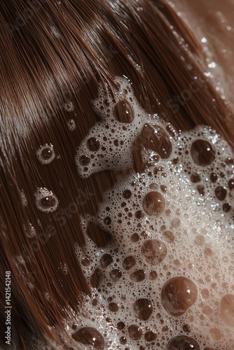 Close-up of hair being washed with shampoo in a bathtub, with bubbles and foam on top of the long, straight hair 
